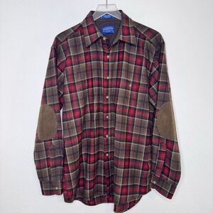 Pendleton Trail Shirt Mens Size Large Red Brown Plaid Virgin Wool Elbow Patch‎